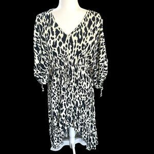 Animal Print Dress Women Extra Large XL High Low Frayed Hem Rayon V-neck Keyhole